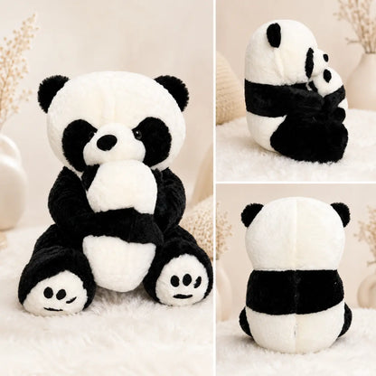 A plush panda toy shown in a three-panel collage