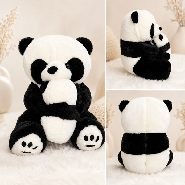 A plush panda toy shown in a three-panel collage