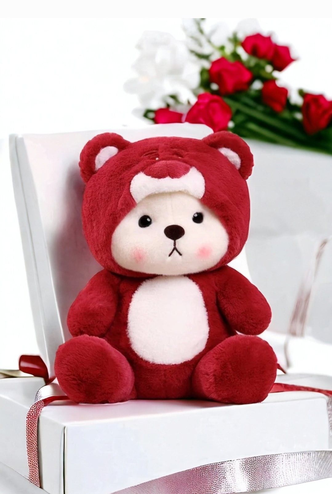 Soft Stuffed Red Teddy Bear with Cap