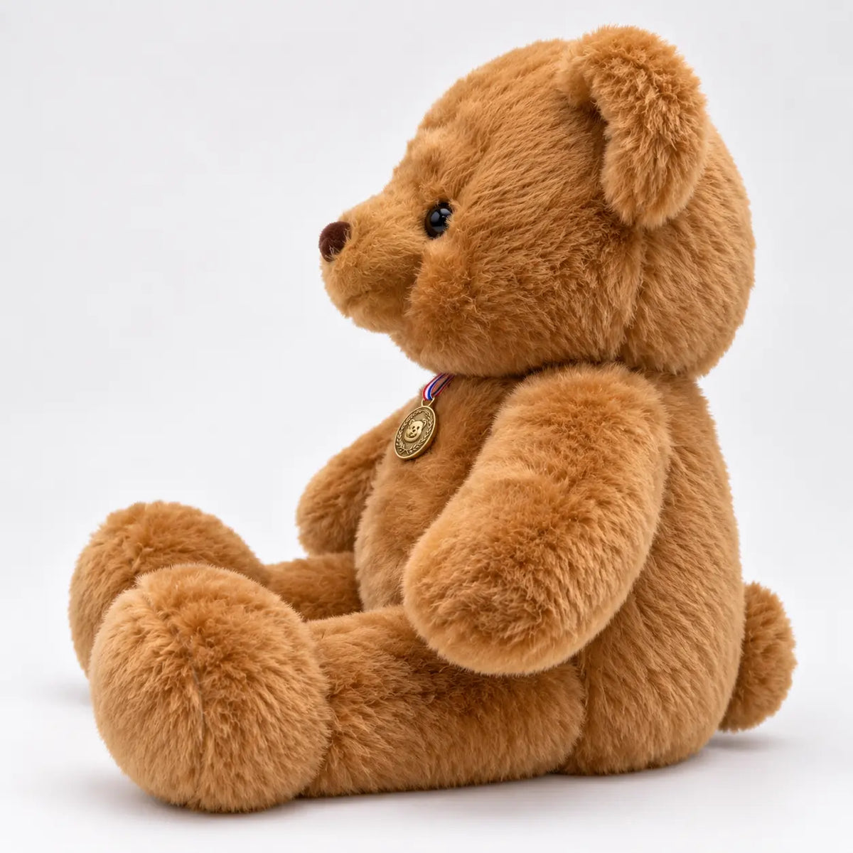 Soft brown plush teddy bear wearing award medal ribbon